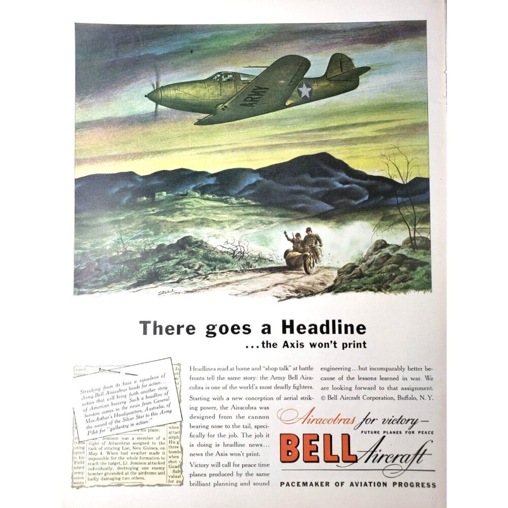 PRINT AD 1943 Airacobras for Victory Bell Aircraft WWII Motorcycle Sidecar